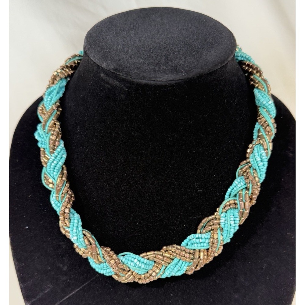 Beaded Braided Twisted Necklace 18" Aqua Turquoise& Brown Seed Beads